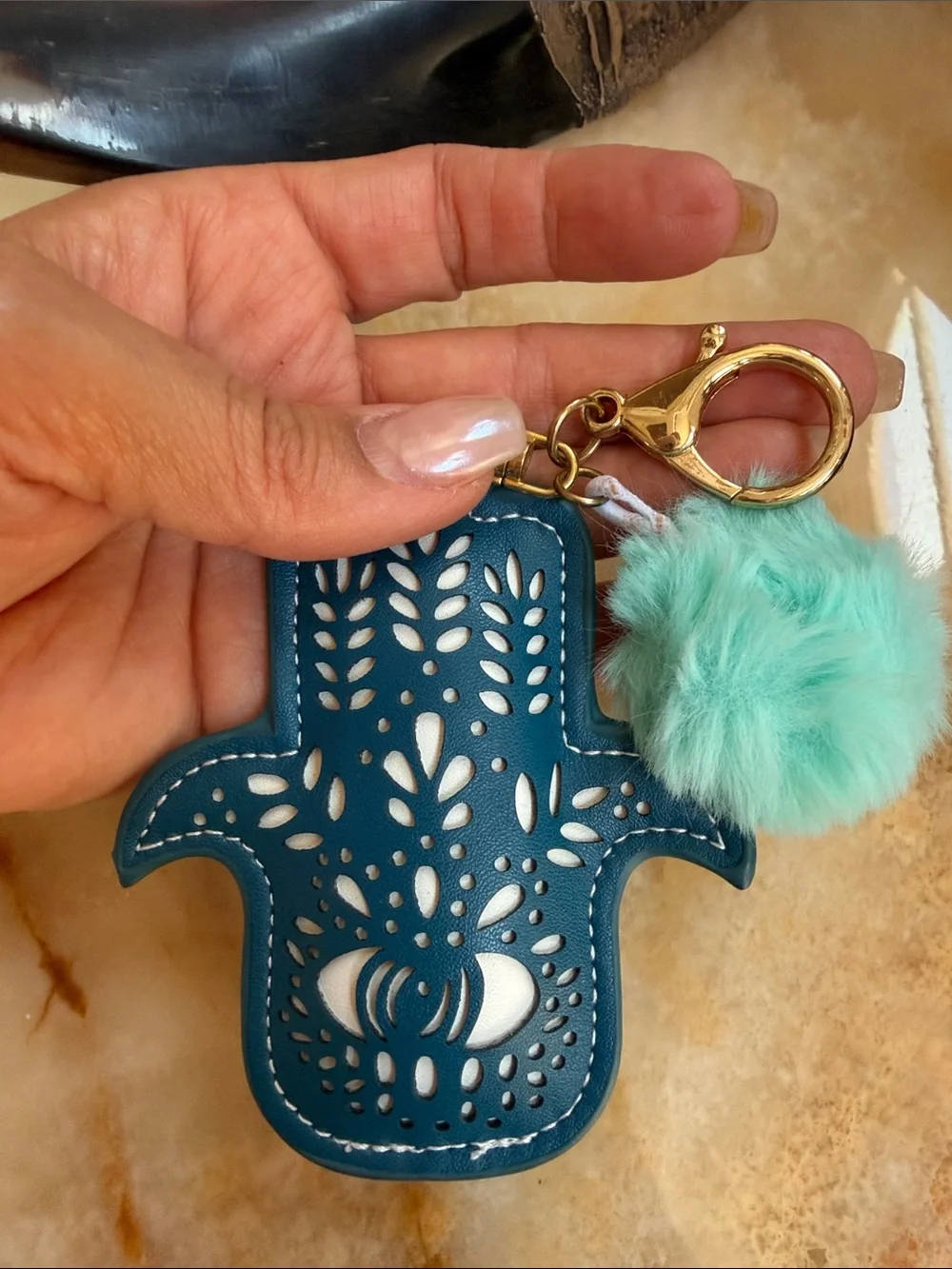 Teal Hamsa Keychain with Mint Pom Pom - Gold Hardware